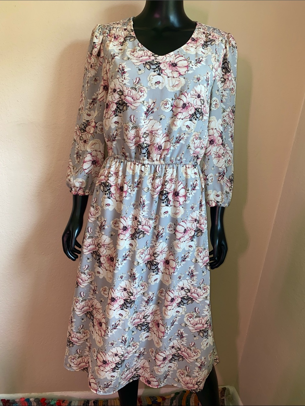 Ophelia Roe Floral Midi Dress in Light Gray and Pink